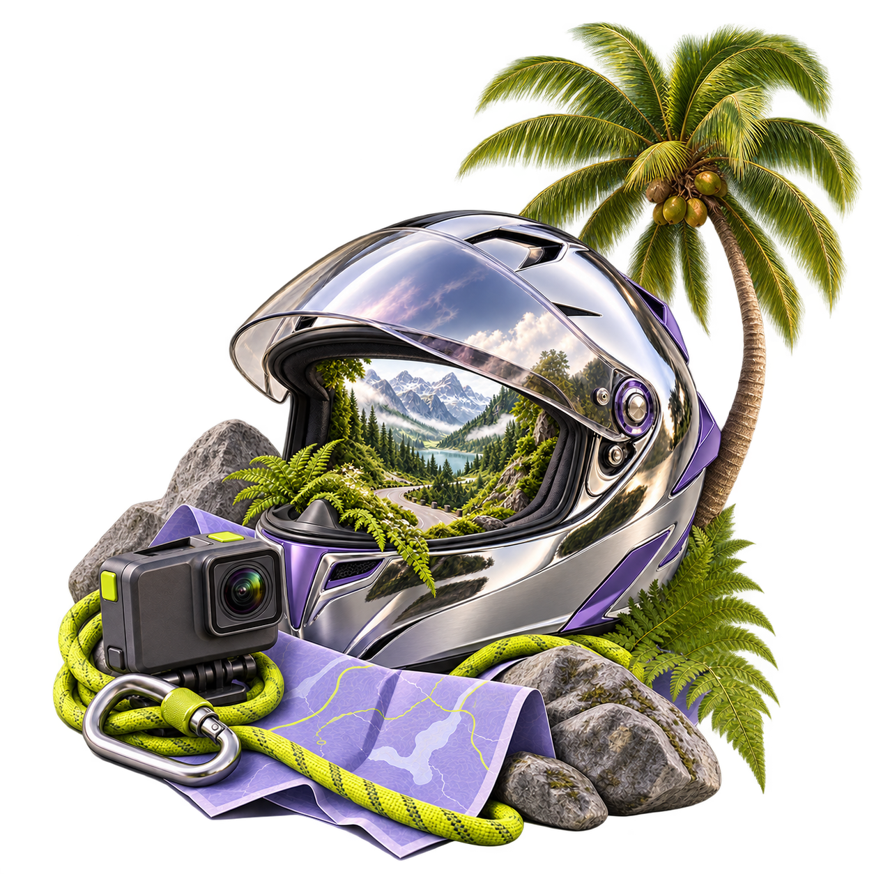 A chrome helmet holds a miniature alpine world, surrounded by a map, action camera, climbing cord, stones, ferns, and a coconut palm tree